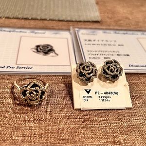 K18 White Gold with Black and White Diamond Ring and Earrings Set